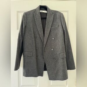 Zara Double Breasted Pinstripe Wool Blend Blazer